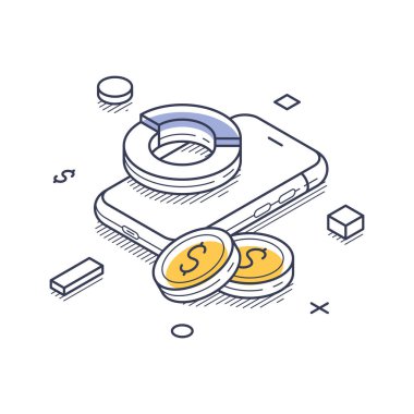 Mobil bir cihaz, finans ve bankacılık kavramlarını temsil eden madeni paralar ve pasta grafikleri ile gösterilir. Modern izometrik çizgi sanat vektörü çizimi