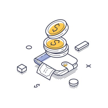 Üstünde madeni paralar olan cüzdan, işlemleri ve finansal faaliyetleri sembolize ediyor. Çizgi sanatı tarzı netliği ve modern tasarımı vurgular, bilgi grafikleri için idealdir. Vektör illüstrasyonu