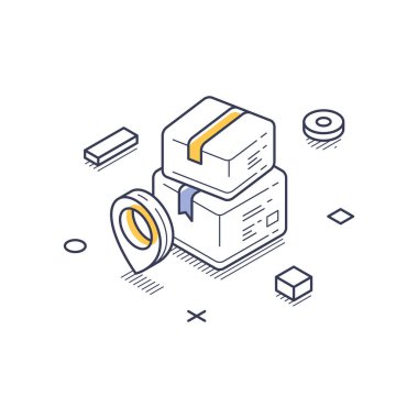 Konum belirteçleri ve geometrik şekillerin yanında kurdelelerle işaretlenmiş istiflenmiş teslimat paketleri. Lojistik veya e-ticaret için uygun temiz bir illüstrasyon. Vektör illüstrasyonu