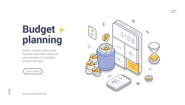 Bütçe planlama modern izometrik çizgi sanat web pankartı. Hesap makinesi, tasarruf kavanozu, madeni paralar, defter ve kum saati de dahil olmak üzere mali yönetim araçları, bütçe ve tasarruf tekniklerini vurguluyor
