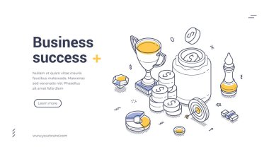 İş başarısı modern izometrik çizgi sanat web pankartı şablonu. Hedeflere ulaşmak için bütçe tasarrufunun önemi