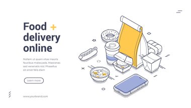 Gıda teslimatı çevrimiçi modern izometrik çizgi sanat web pankartı şablonu. Paket servis, içecek, atıştırmalık ve akıllı telefon da dahil olmak üzere fast food ürünleri koleksiyonu. İniş sayfası şablonu
