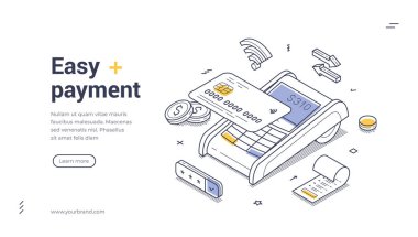 Kolay ödeme modern izometrik çizgi sanat web pankartı şablonu. Kredi kartı, madeni para ve işlem detaylarıyla ödeme terminali, dijital ödeme yapma sürecini görsel olarak gösteriyor