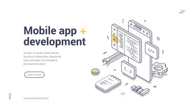 Mobil uygulama geliştirme web afişi detaylı bir izometrik çizgi sanat tasarımı içerir. Kodlama ekranları ve araçları gibi simgeler ve elementler, modern teknoloji tasarımını vurguluyor