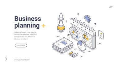 İş planlama modern izometrik çizgi sanat web pankartı şablonu. İş planlaması, bir takvim, belgeler ve stratejik bir satranç taşının yer aldığı, etkili bir planlama için net bir görsel rehber sağlayan