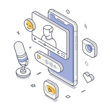 Akıllı telefonlarda bir kişinin görüntüsü görüntülenir. Ortam oynatma ve ses işlevlerini temsil eden simgeler, modern bir bilgi tasarımı yaratıyor. İzometrik çizgi sanat vektörü çizimi
