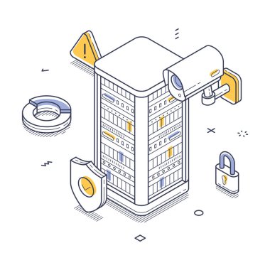 Çizgi resimleri güvenlik kameraları ve kilitleri olan güvenli bir veri merkezi gösteriyor. Dijital bilgiyi tehditlerden korumak için güvenlik önlemleri. Çizgi sanatı izometrik vektör çizimi