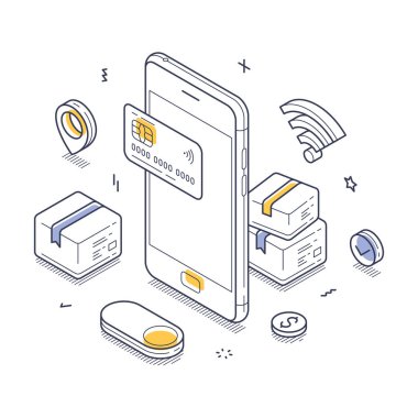 Mobil uygulamalar, izometrik tarzda tasvir edilen kredi kartları ve paketlerle hızlı işlemleri kolaylaştırır. Elementler arasında bir akıllı telefon, ödeme kartı ve dijital ticareti temsil eden paketler yer alıyor..