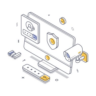 Bilgisayar monitörlü dijital güvenlik konsepti kullanıcı giriş elemanlarını, izleme kamerasını ve güvenlik simgelerini gösteriyor. Siber güvenliğe odaklanmamızı sağlıyor. Modern çizgi sanat vektörü illüstrasyonu