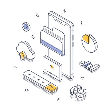 Dijital veri yönetimi ve erişilebilirliği temsil eden, bulut depolama simgeleri, grafikleri ve grafikleri ile çevrili mobil cihaz. Modern çizgi sanatı izometrik vektör çizimi