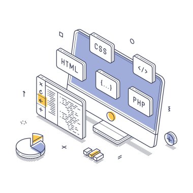 Bilgisayarlı dijital çalışma alanı, çeşitli web geliştirme araçlarını ve HTML, CSS ve PHP gibi kodlama elemanlarını sergiliyor. Bir pasta tablosu veri analiz bağlamını ekler. İzometrik çizgi sanat vektörü çizimi
