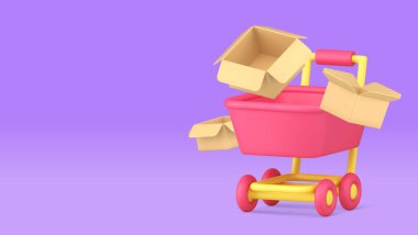 Alışveriş alışverişi, alışveriş arabaları ve karton kutular, afişler, fotokopi uzay vektör illüstrasyonu satın alıyor. Paketli süpermarket arabası, perakende satış mağazası çevrimiçi sipariş teslimatı
