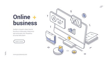 Çevrimiçi iş izometrik web pankartı şablonu. Sergide bir bilgisayar monitörü, grafikler ve belgeler de dahil olmak üzere çizgi sanat grafikleri yer alıyor. Vektör illüstrasyonu
