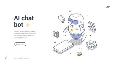 Arkadaş canlısı yapay zeka sohbet robot web pankartı şablonu. Akıllı telefon ve dijital pazarlama için uygun ikonlar gibi çeşitli unsurları içerir. Modern izometrik vektör çizimi