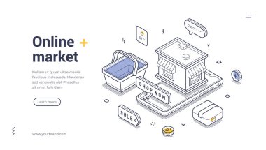 Isome web pankartı bir alışveriş arabası ve bir dükkan gösteren bir akıllı telefonun yer aldığı çevrimiçi bir pazarı gösteriyor. E-ticaret faaliyetleri ve satışlar. Vektör illüstrasyonu