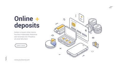 İnternet afişi, akıllı telefon, kredi kartı ve çeşitli finansal unsurların yer aldığı online depozito kavramını vurguluyor. Dijital finansal hizmetler için ideal. Vektör illüstrasyonu