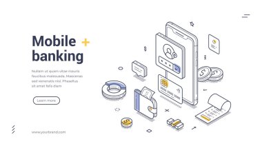 Isometric web afişi akıllı telefon, ödeme ikonları ve finansal belgeler gibi açıklayıcı unsurlara sahip mobil bankacılık özelliklerini sergiler. Teknoloji ve finans sunumları için ideal.