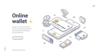 Isometric afiş şablonu cep telefonu ve çeşitli finansal simgelerle çevrimiçi bir cüzdan sistemine sahiptir. Raporda, kullanıcılar için dijital işlemler ve modern ödeme yöntemleri vurgulanıyor