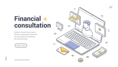 Web afiş şablonunda finansal danışma hizmetlerini desteklemek için bir dizüstü bilgisayar, belgeler ve çizelgeler yer alıyor. Tasarım modern bir cazibe için temiz çizgiler ve canlı renkler kullanır. Vektör illüstrasyonu