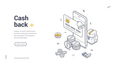 Para ödülü konsept web afiş şablonu. Finansal işlemleri temsil eden kredi kartı, bozuk para ve kutuları gösteren bir akıllı telefon içeriyor. Vektör illüstrasyonu