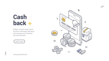 Para ödülü konsept web afiş şablonu. Finansal işlemleri temsil eden kredi kartı, bozuk para ve kutuları gösteren bir akıllı telefon içeriyor. Vektör illüstrasyonu