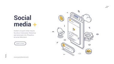 Sosyal medya konsepti web pankartı şablonu, akıllı telefon ve çeşitli grafik unsurlar da dahil. Dijital pazarlama ve yaratıcı projeler için ideal. Modern izometrik vektör çizimi