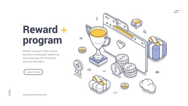 Ödül, sikke ve hediye kutuları içeren ikonlar içeren ödül programı konsepti. Web tasarımını geliştirmek için ideal. Isometric web pankartı vektör illüstrasyonuName