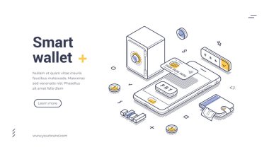 Mobil cihazdaki akıllı cüzdan, modern finans teknolojisini gösteren web afişi şablonu. Mobil bankacılık uygulaması kullanılarak dijital ödeme. Modern izometrik çizgi sanat vektörü çizimi