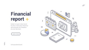 Finansal rapor sunumları için web pankartı şablonu. Veri görselleştirmesi anahtar finansal kavramları ve ölçümleri vurguluyor. Modern izometrik çizgi sanat vektörü çizimi