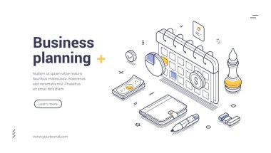 İş planlama web pankartı şablonu. Sergide bir takvim, mali belgeler ve çeşitli kırtasiye ürünleri sergilenerek profesyonel bir atmosfer yaratılıyor. Modern vektör illüstrasyonu