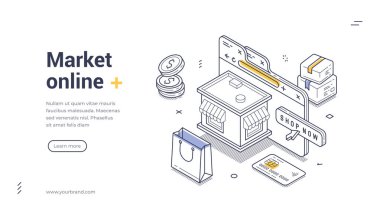 Web pankart şablonu bir çevrimiçi pazar temasını gösteren bir izometrik tasarım içerir. Temel unsurlar arasında alışveriş poşetleri, madeni paralar ve dijital promosyonlar için mükemmel bir mağaza düğmesi yer alıyor..