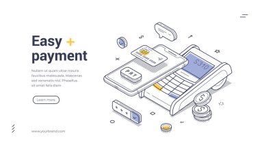 Akıllı telefon ve kart okuyucusuyla cep telefonu ödeme işlemi. Web pankartı şablonu. Düzen dijital ödeme yöntemlerini desteklemek için uygundur. Vektör illüstrasyonu