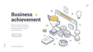 Web afiş şablonu, etkili çevrimiçi pazarlama için iş başarısını ve başarıyı temsil eden, bir kupa, sikkeler ve bir ampulle canlı bir izometrik tasarım sergiliyor