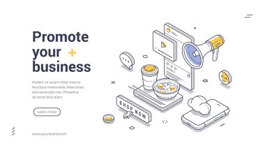 Ticari web pankartınızı tanıtın. Vitrinler, ticari promosyon için gerekli unsurları içeren bir izometrik tasarım. Modern vektör illüstrasyonu