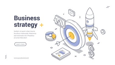 Web pankartı şablonu izometrik tasarım unsurları içeren dinamik bir iş stratejisi kavramını gösteriyor. Vektör illüstrasyonu