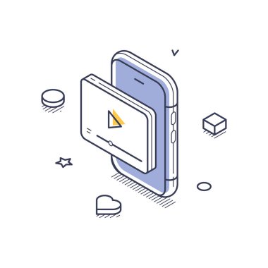 İçerik oluşturma sürecini sembolize ederek içinden video oynatma arayüzü çıkan mobil aygıt. Çevreleyen elementler tasarımı geliştirir, yaratıcılığı vurgular. Vektör illüstrasyonu