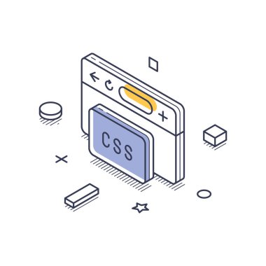 Bir CSS elementinin yer aldığı web geliştirme kavramını vurgulayan Isometric çizgisi sanat temsilciliği. Bu tasarım, yapılandırılmış bir düzende temiz ana hatlar ve şekiller kullanır. Vektör illüstrasyonu