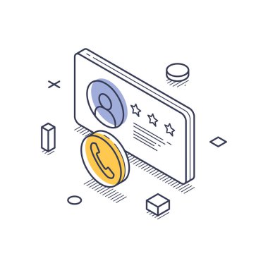 Bir kullanıcı profili ve geometrik şekillerle çevrili bir temas simgesi de dahil olmak üzere teknik destek elemanlarının Isometric çizgisi sanat temsili. Vektör illüstrasyonu