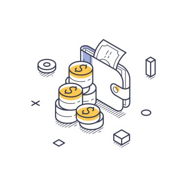 Isome çizgisi sanatı, içinde para ve bozuk para bulunan bir cüzdanın yer aldığı bir iş kurma kavramını resmediyor. Bu tasarım, yeni girişimlerin ve girişimci ruhun finansal yönlerini vurgular.