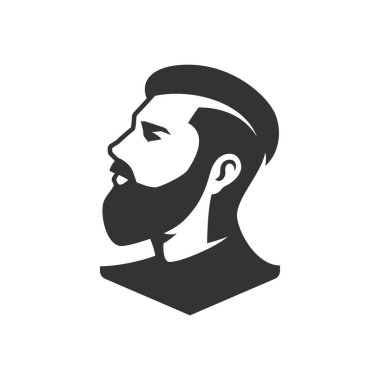 Hippi portresi berber bey logo vektör illüstrasyonu için hizmet minimalist ikonu hazırlıyor. Vahşi erkek berber, saç stili, bıyıklı, monokrom siluetini tıraş eden.