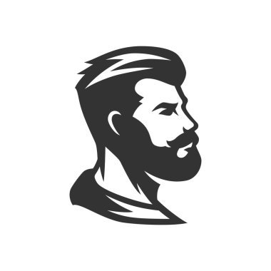 Logo vektör çizimi için vahşi hippi profili berber dükkanı minimalist ikonu. Berber dükkanı sahibi, kuaför, saç stili, bıyık kesen, tek renkli rozet takan adam.