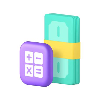 Nakit para dolar bütçe hesaplama finansal hesaplama 3d gerçekçi vektör illüstrasyonu. Mali istatistik analizi denge kontrolü yatırım tasarrufu servet gelir planlaması