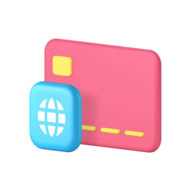 Bankacılık kredi kartı finansal küresel nakit ödemesiz 3d gerçekçi vektör illüstrasyonu. Çevrimiçi alışveriş dijital finans banka işlemi ve para transferi ticari teknoloji hizmeti