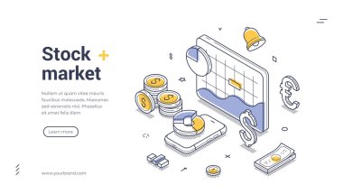 Borsanın altını çizen bu izometrik çizgide dijital bir tablo, para birimi sembolleri ve madeni paralar yer alıyor. Finansal temalar için modern bir web afişi şablonu olarak hizmet vermektedir. Vektör illüstrasyonu