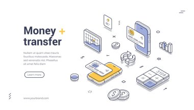 Web pankart şablonu para transfer hizmetlerine odaklı bir izometrik tasarım gösteriyor. Sergide kredi kartları, bir akıllı telefon ve dijital ödemeler ve işlemlerin vurgulandığı mali tablolar yer alıyor..