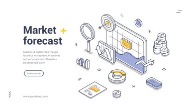 Web pankart şablonu izometrik tasarım unsurları ile bir pazar tahmini temasını gösterir. Sergide grafikler, grafikler ve finansal semboller, iş sunumları veya pazarlama malzemeleri için ideal.