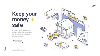 Web pankartı şablonu paranızı güvende tutmanın önemini gösteriyor. Sergide bir banka, güvenlik kameraları ve finansal koruma sağlamak için dijital cihazların izometrik tasarımları yer alıyor..