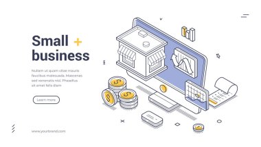 Web pankartı şablonu, küçük işletme çözümlerini göstermek için izometrik tasarım unsurları sunar.