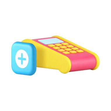 POS terminal makinesinin ulaşılamaz nakit kart ödemesi 3 boyutlu gerçekçi vektör illüstrasyonu ekleyin. Bankacılık ve para transferi çevrimiçi ödeme perakende satış teknolojisi