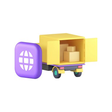 Uluslararası kargo posta paketi kurye kamyonu açık Van 3d ikon gerçekçi vektör illüstrasyonu. Ticari nakliye ticari lojistik taşımacılığında küresel ithalat karton kutu